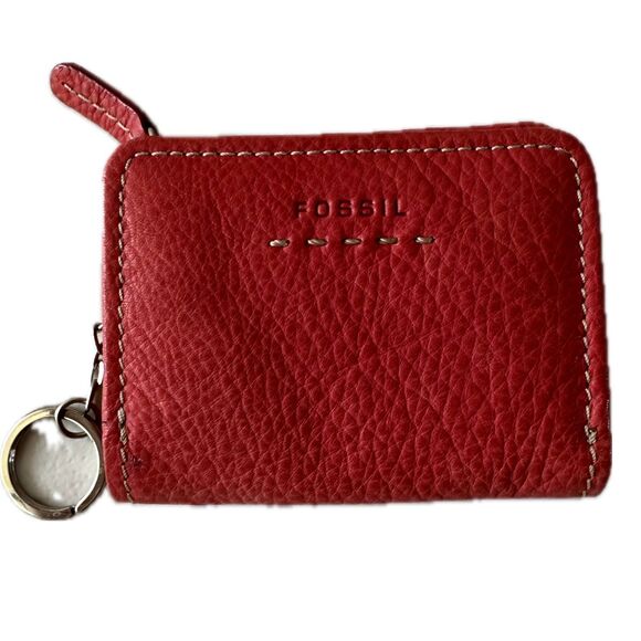 Fossil Red Popstitch Pebble Genuine Leather Bi-Fold Zip Coin ID Card Mini Wallet - Picture 1 of 5